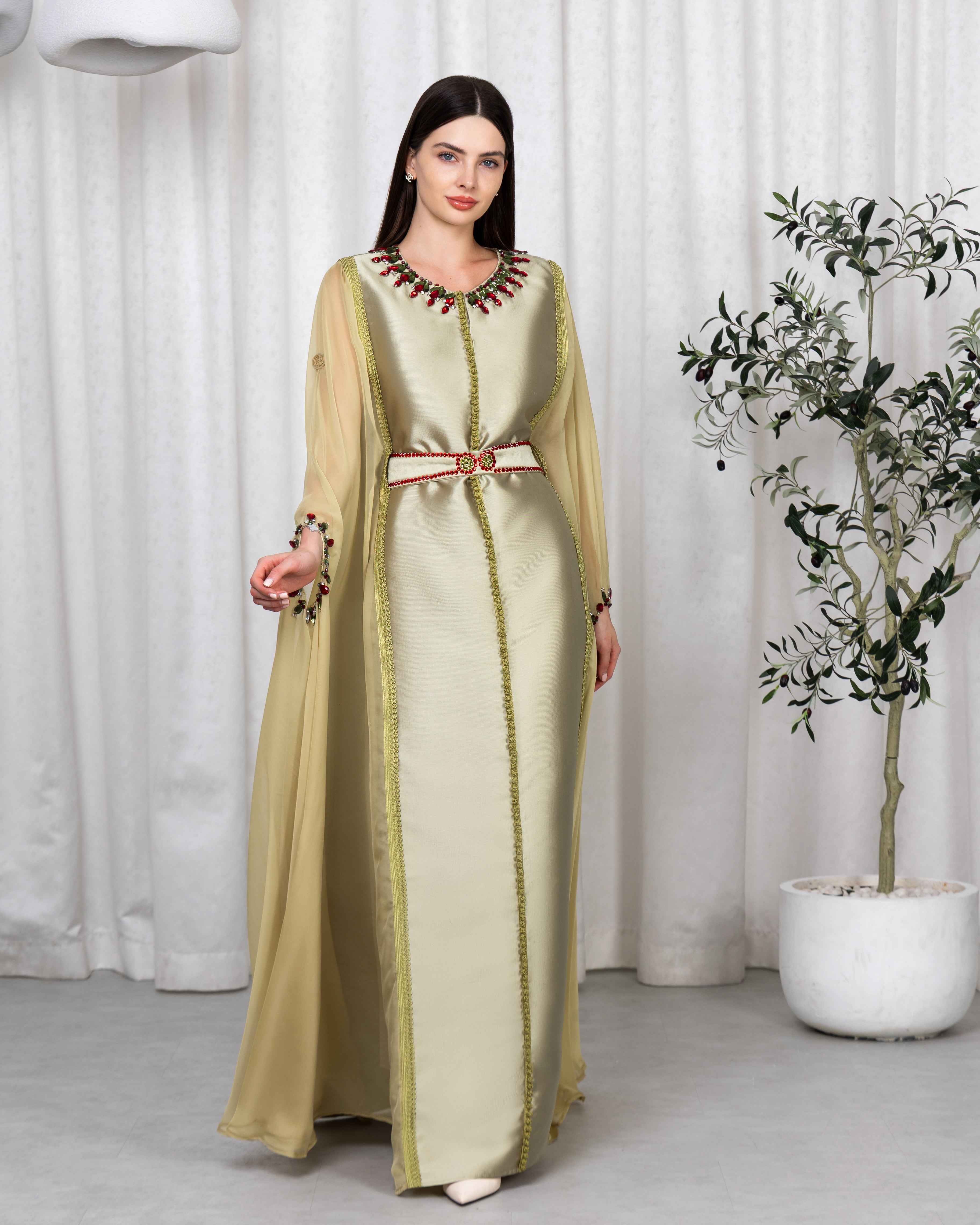 Nivin-KTN064 - Sage Gold Embellished Cape Caftan - BAZZAZ COUTURE GARMENTS  L.L.C