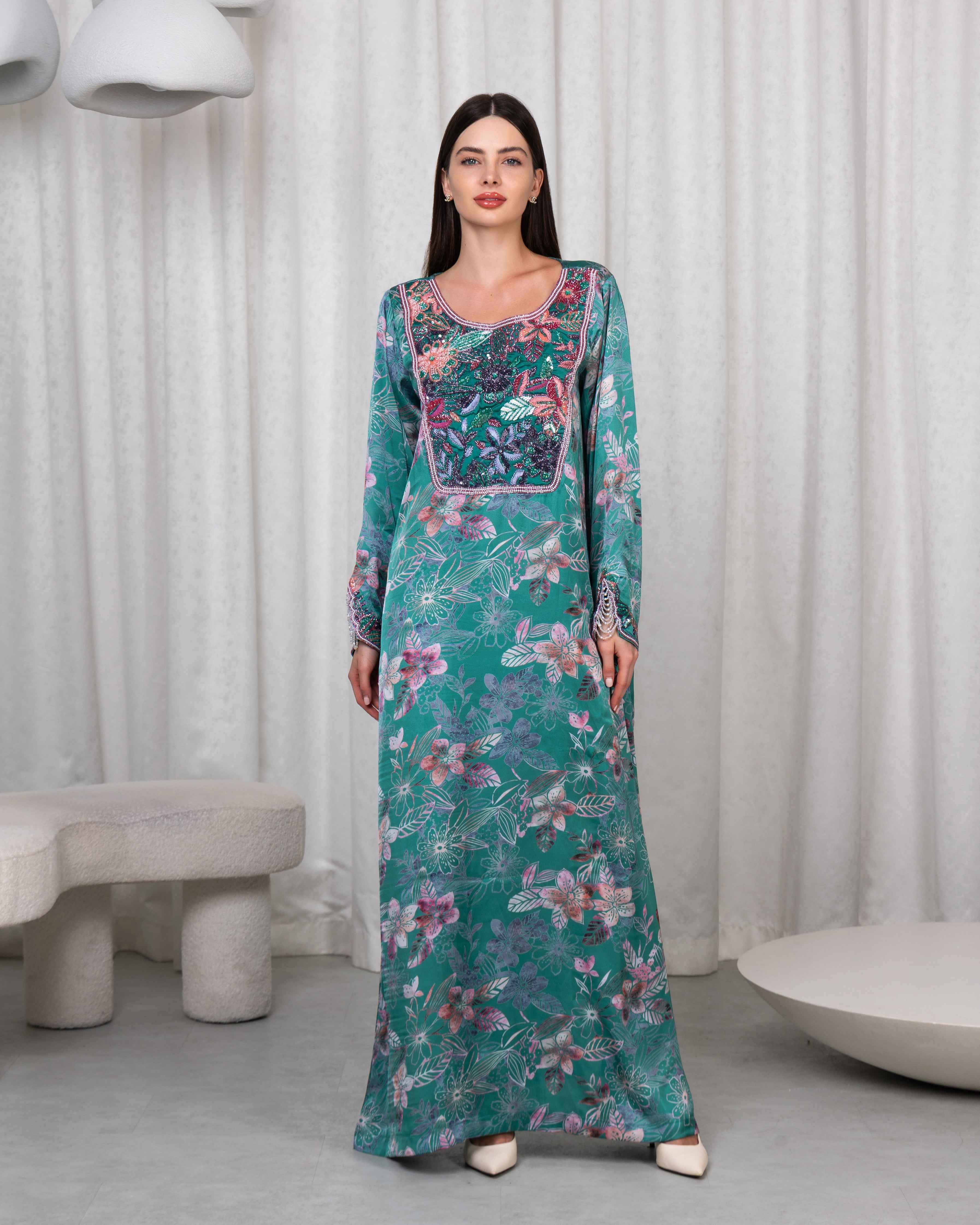 Gulzar-MKW004 - Teal Floral Embroidered Couture Caftan