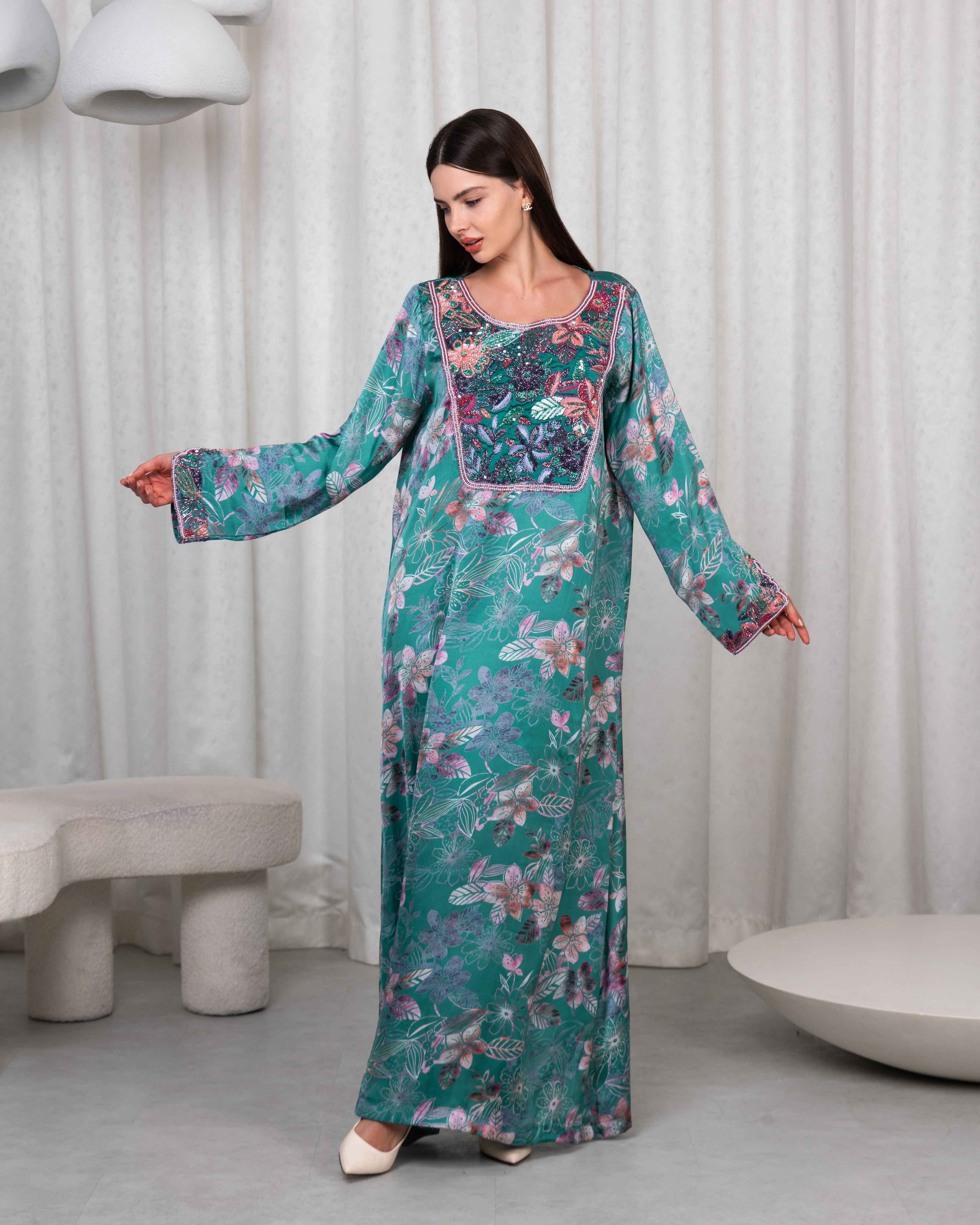 Gulzar-MKW004 - Teal Floral Embroidered Couture Caftan