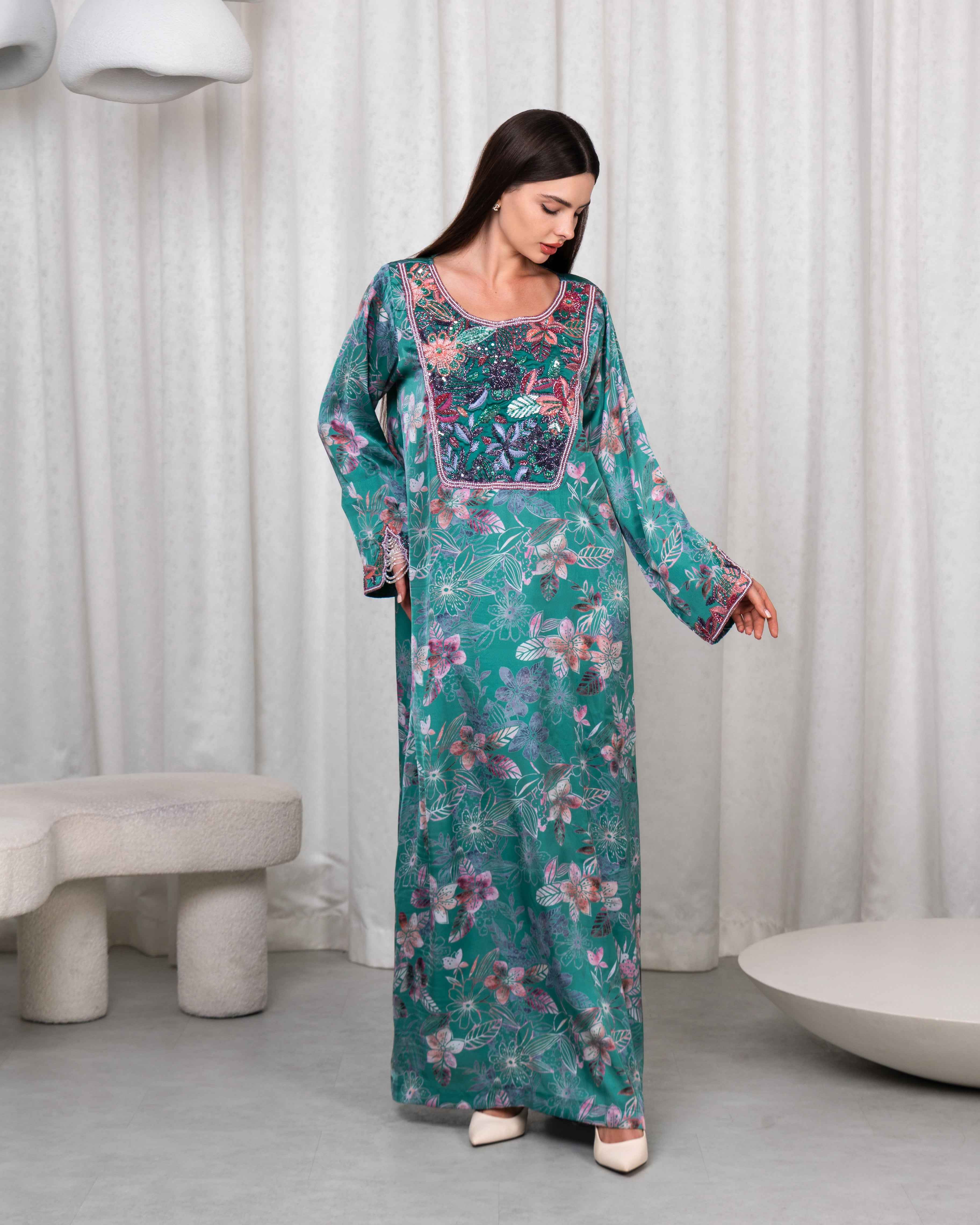 Gulzar-MKW004 - Teal Floral Embroidered Couture Caftan