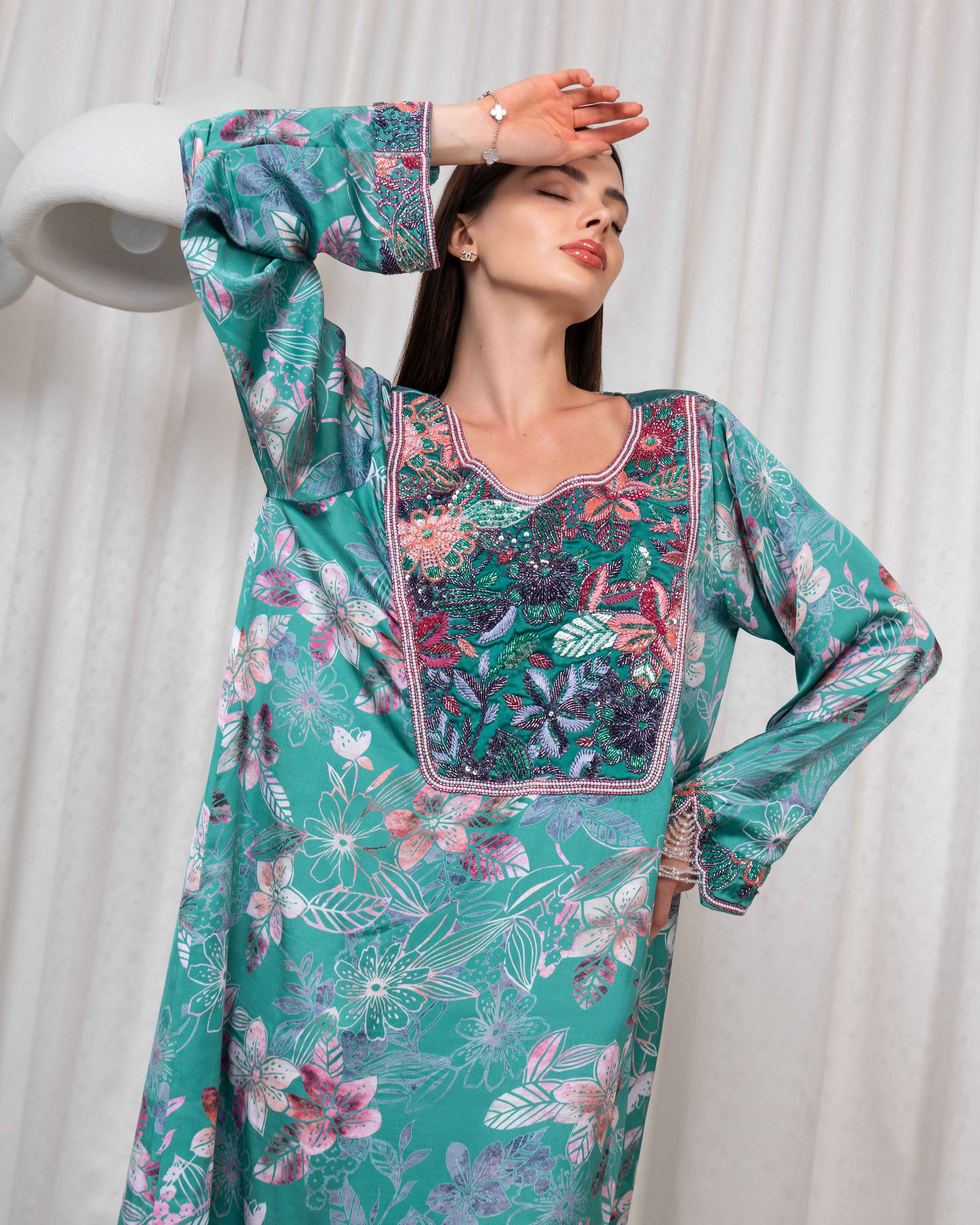 Gulzar-MKW004 - Teal Floral Embroidered Couture Caftan