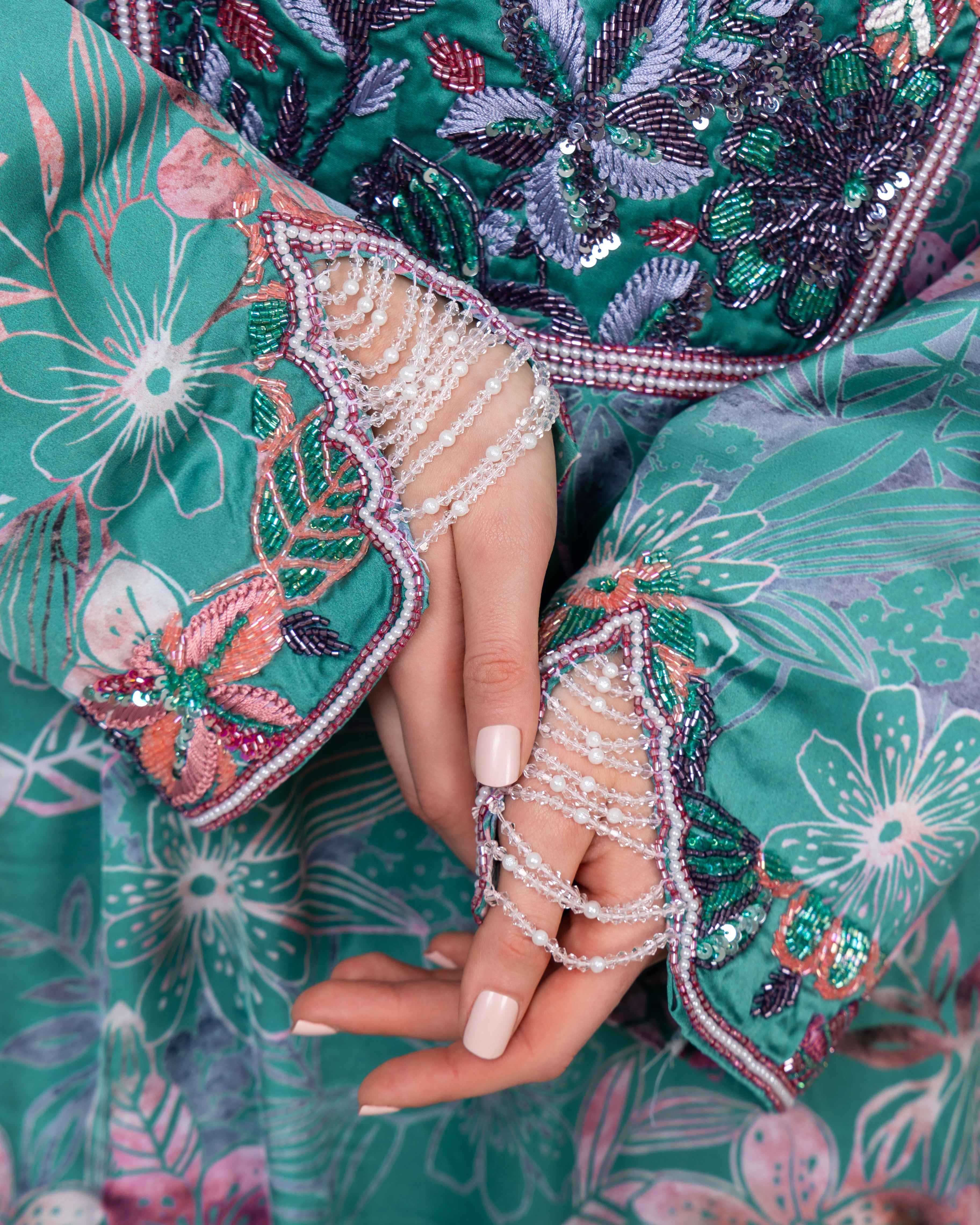 Gulzar-MKW004 - Teal Floral Embroidered Couture Caftan