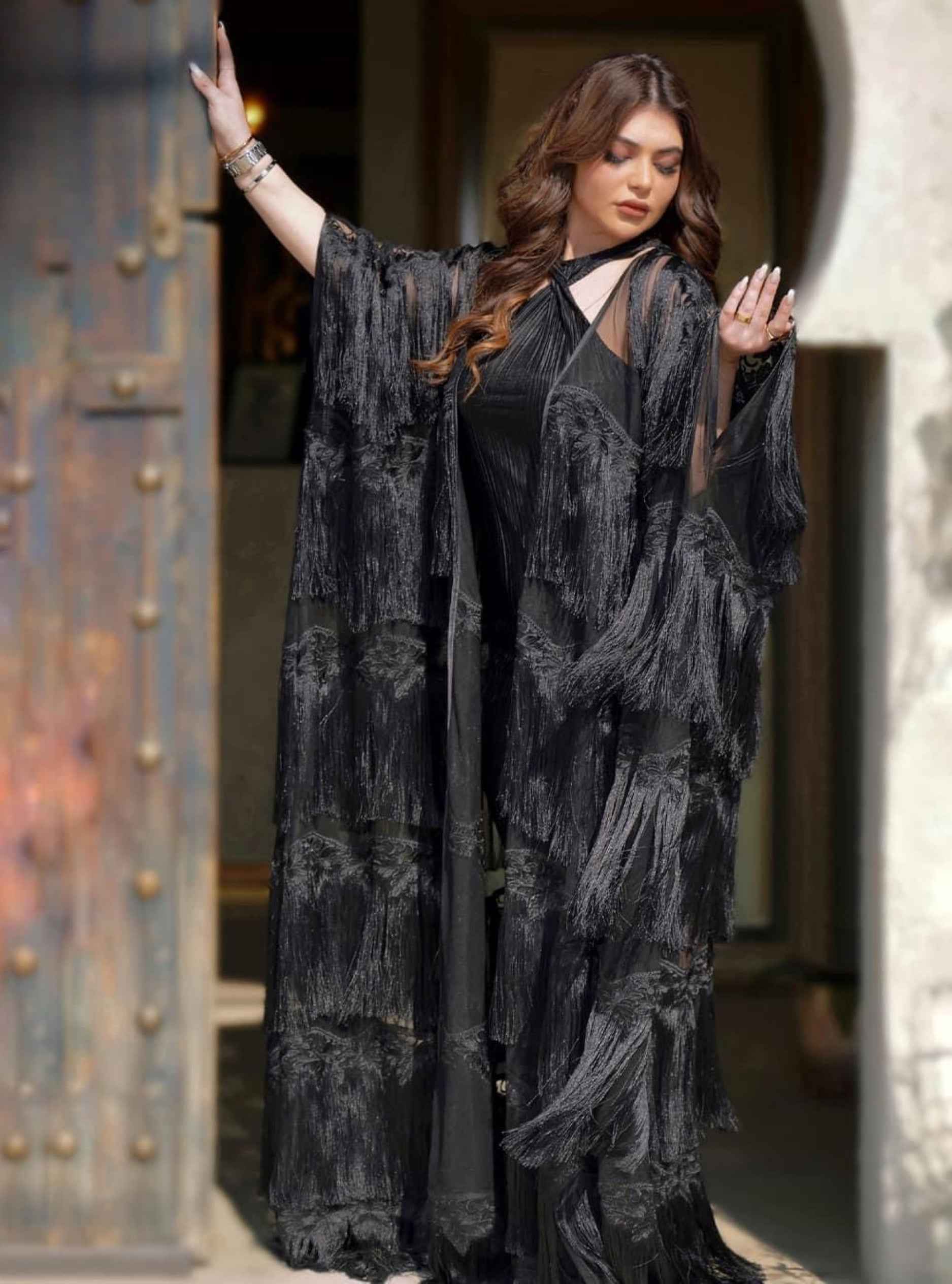 Hespin-ABY003 - Noir Fringe Elegance Abaya