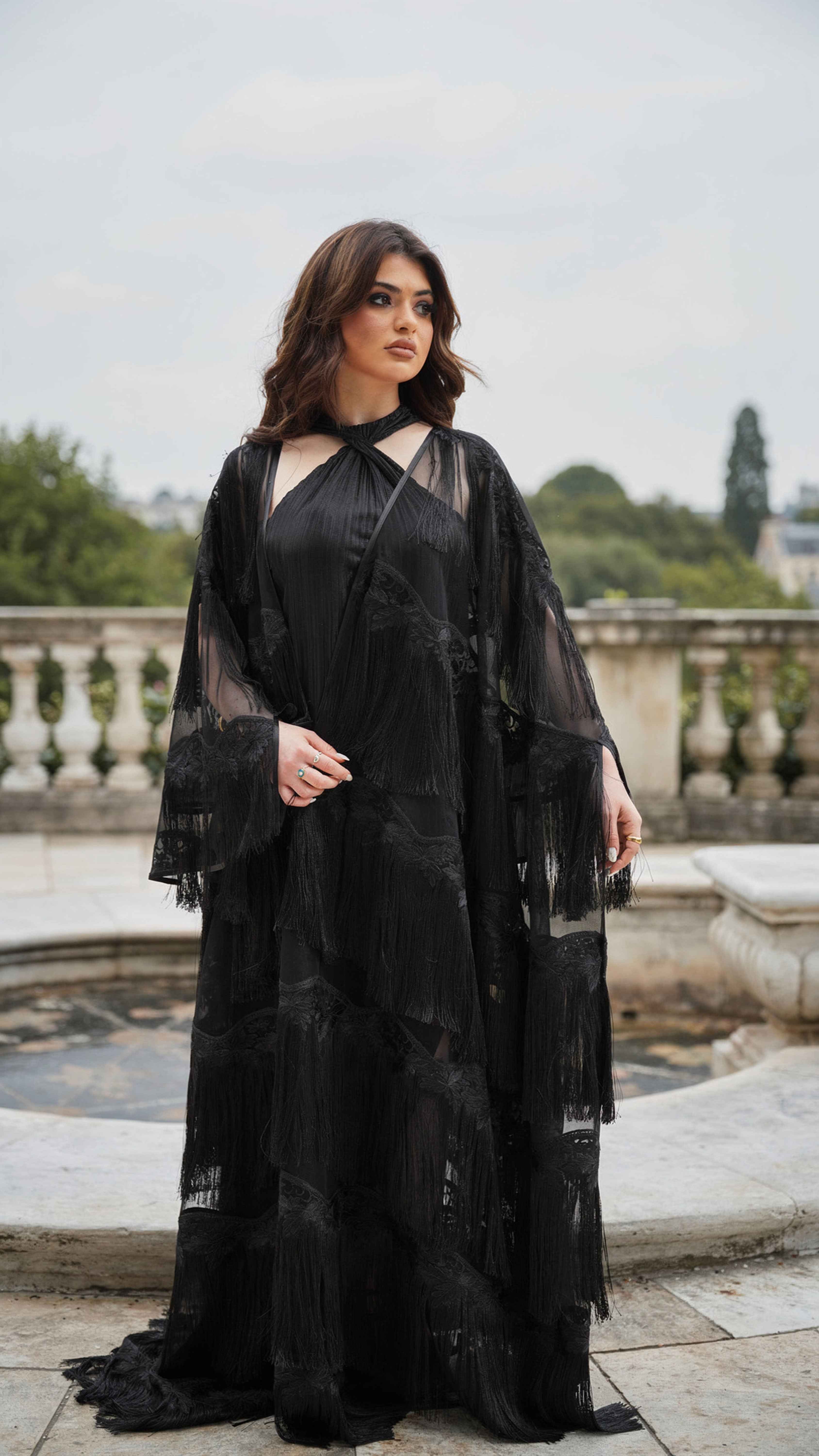 Hespin-ABY003 - Noir Fringe Elegance Abaya