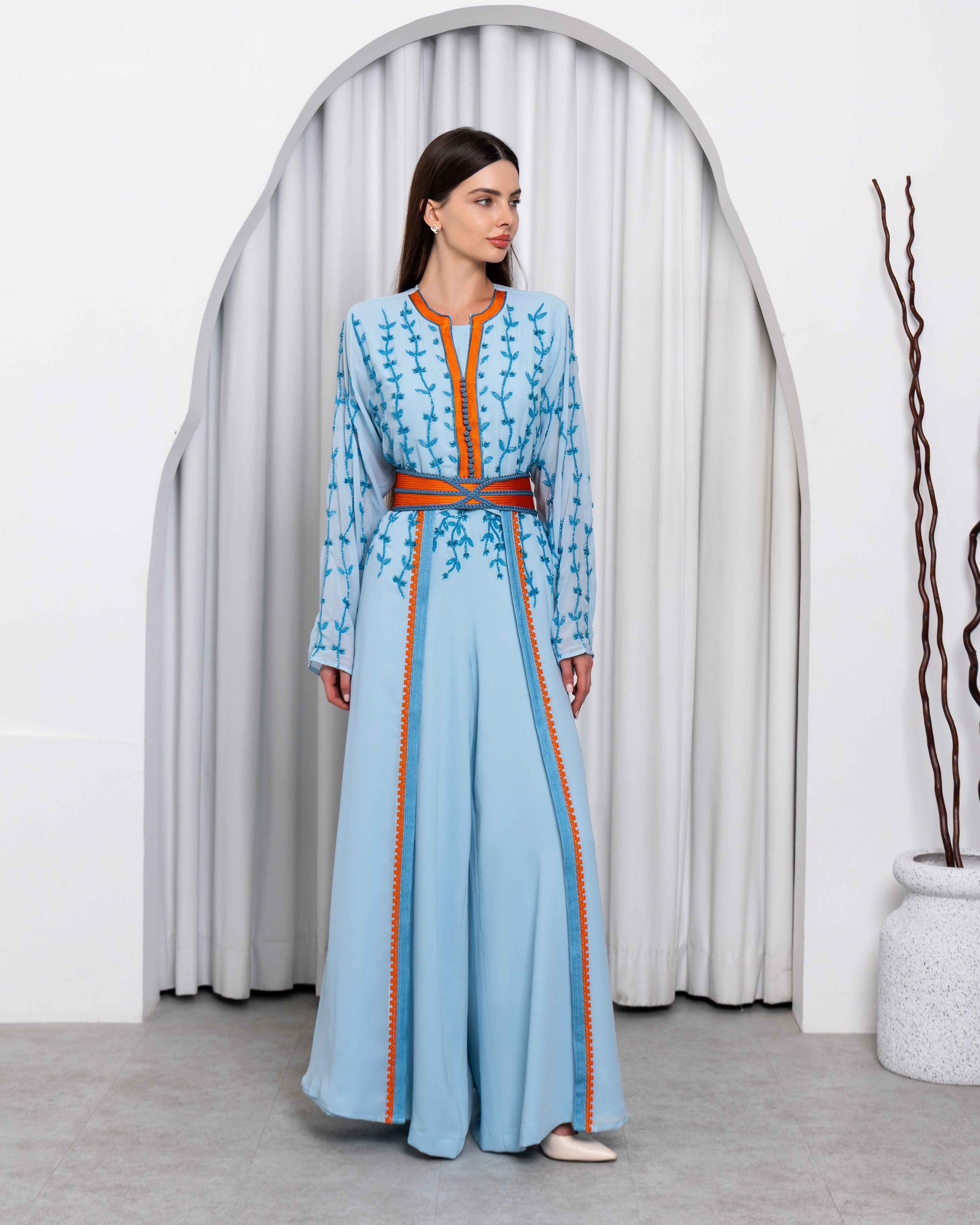 Marina-KTN062 - Sky Blue Embroidered Jumpsuit Caftan