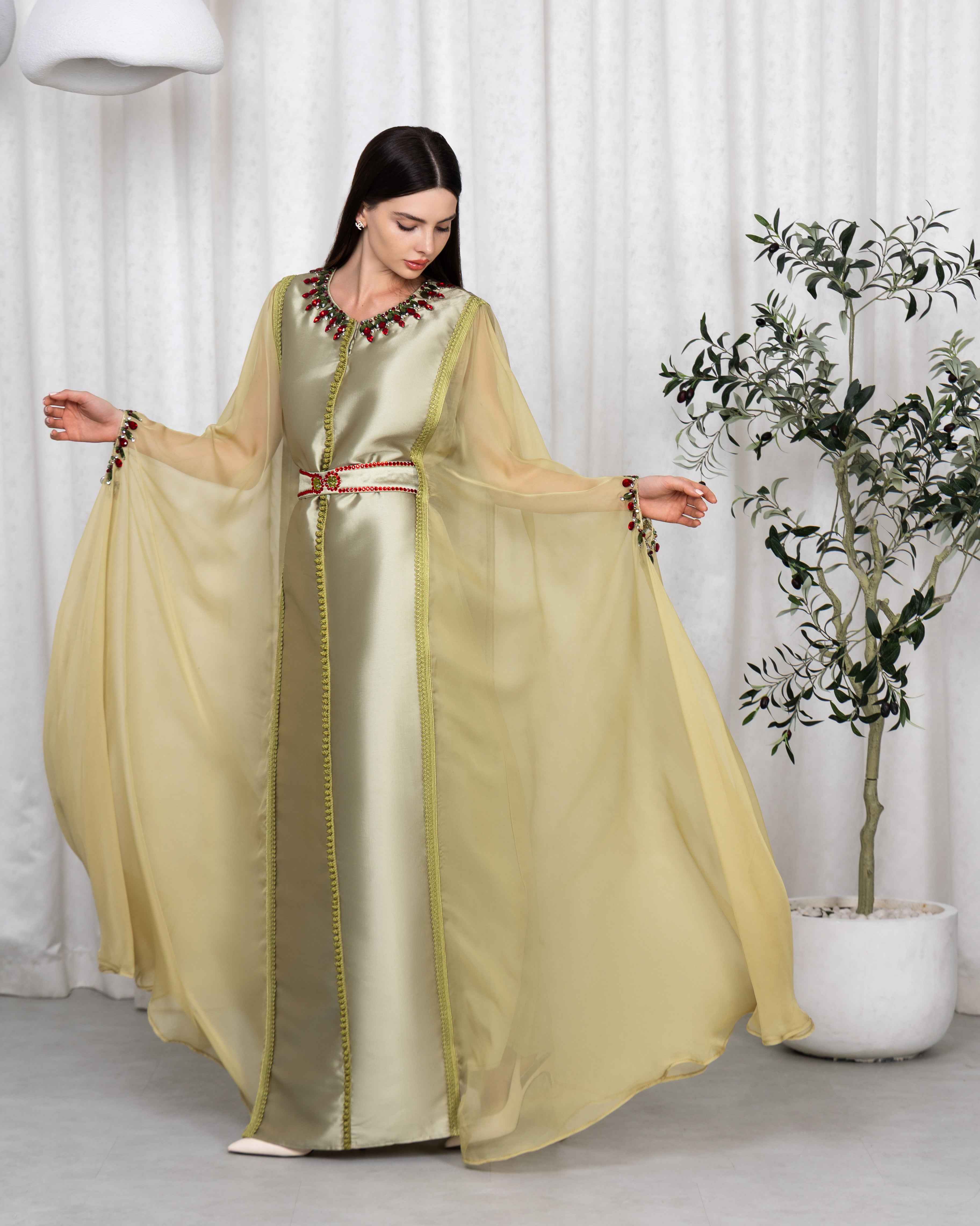 Nivin-KTN064 - Sage Gold Embellished Cape Caftan