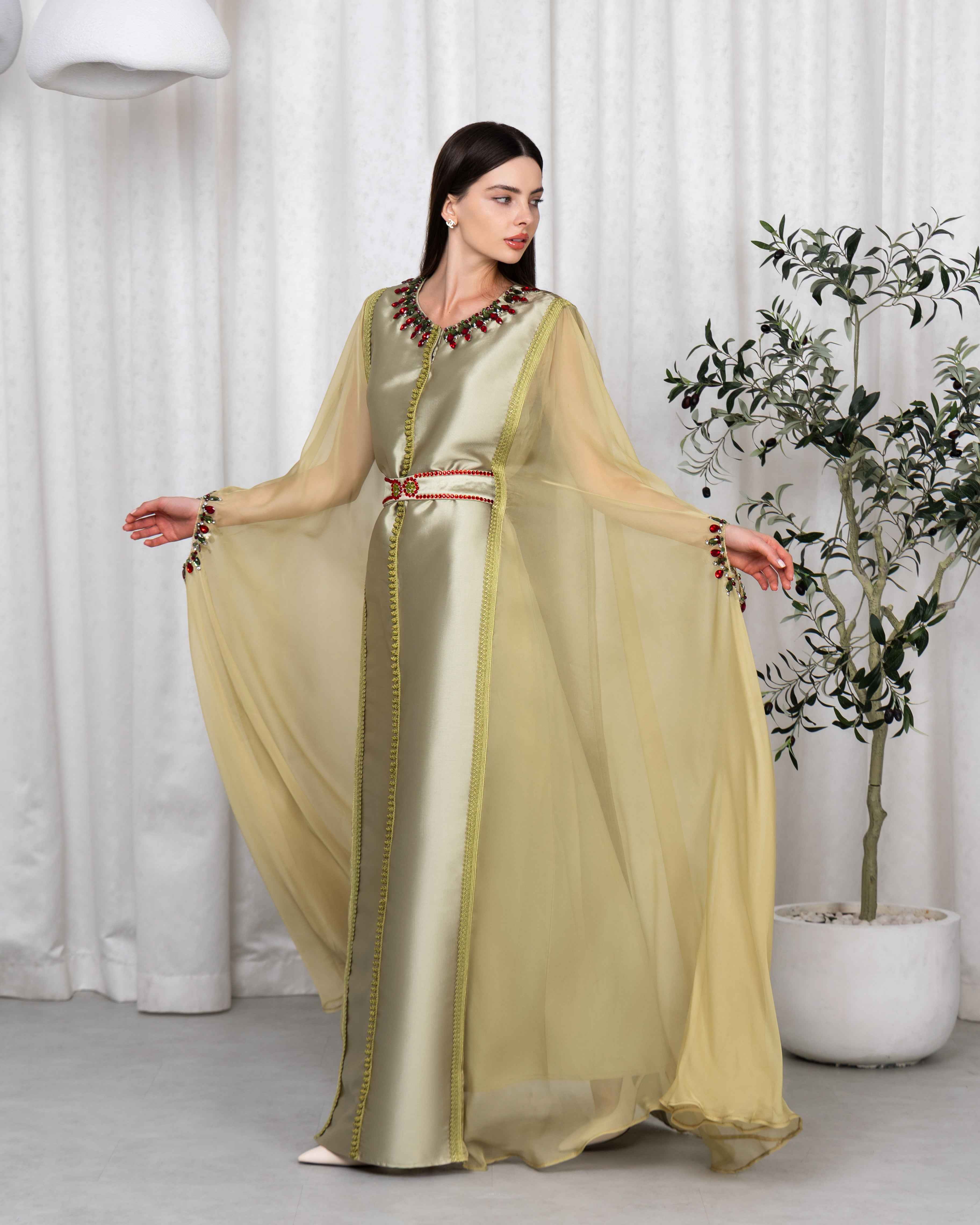 Nivin-KTN064 - Sage Gold Embellished Cape Caftan