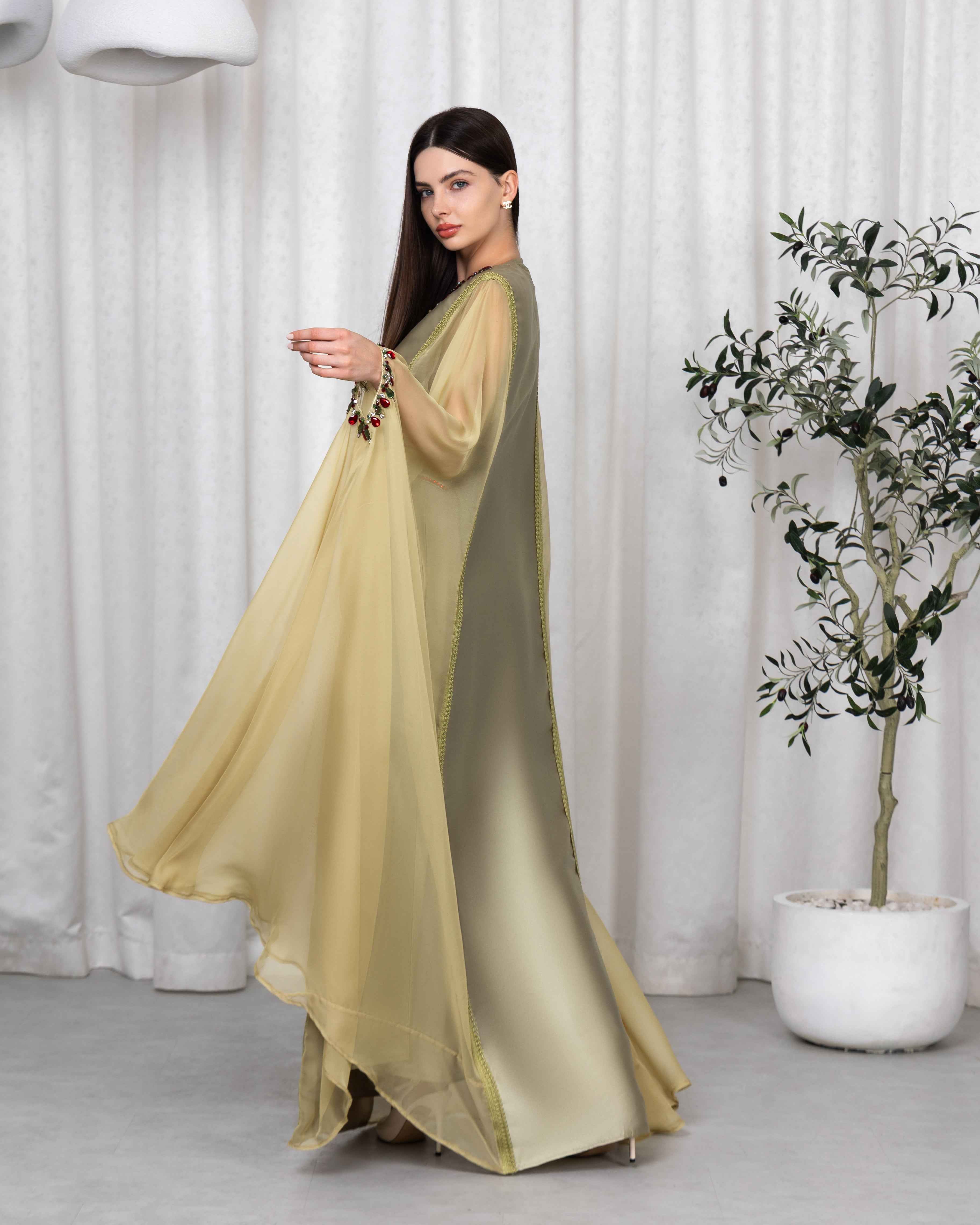 Nivin-KTN064 - Sage Gold Embellished Cape Caftan