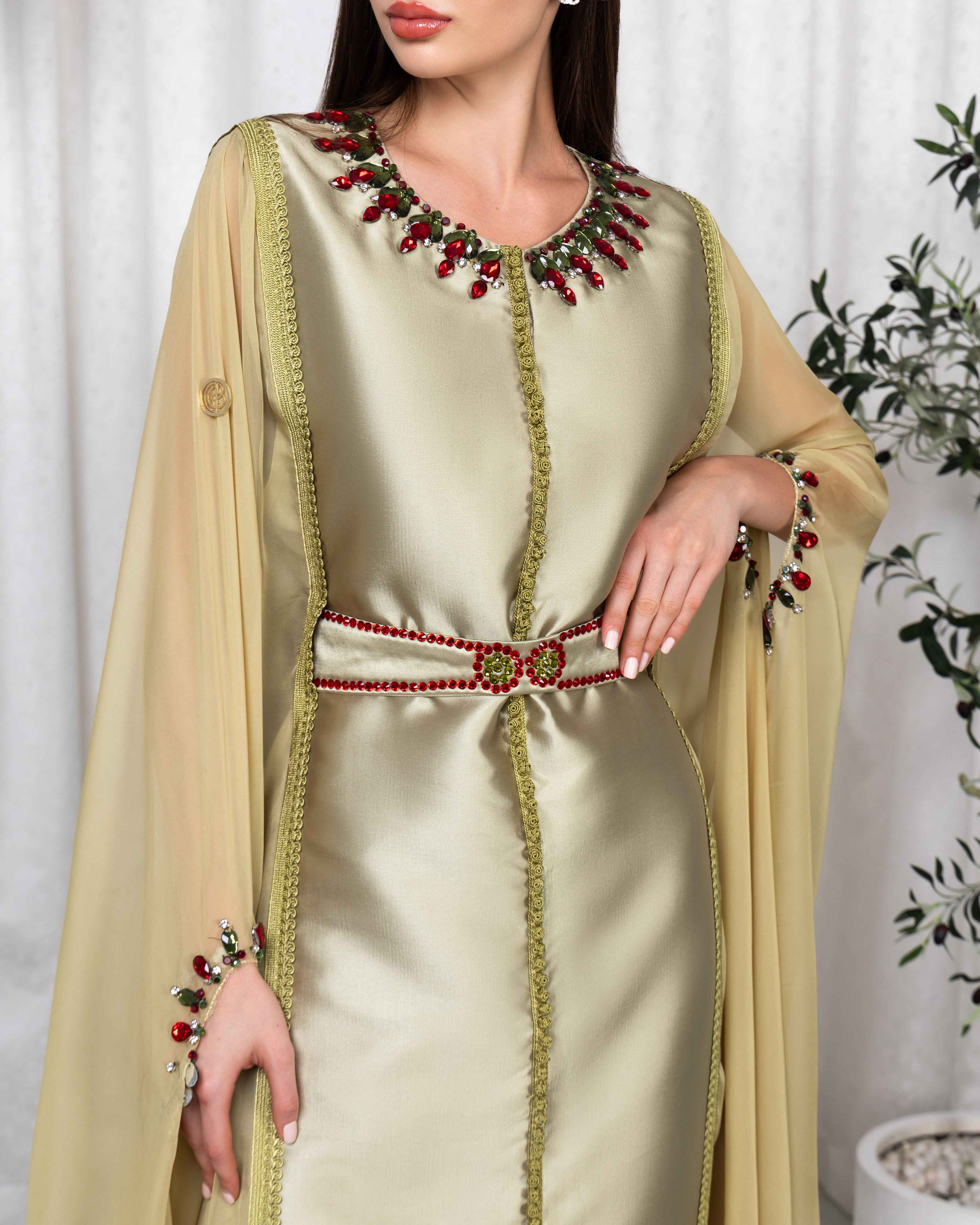 Nivin-KTN064 - Sage Gold Embellished Cape Caftan