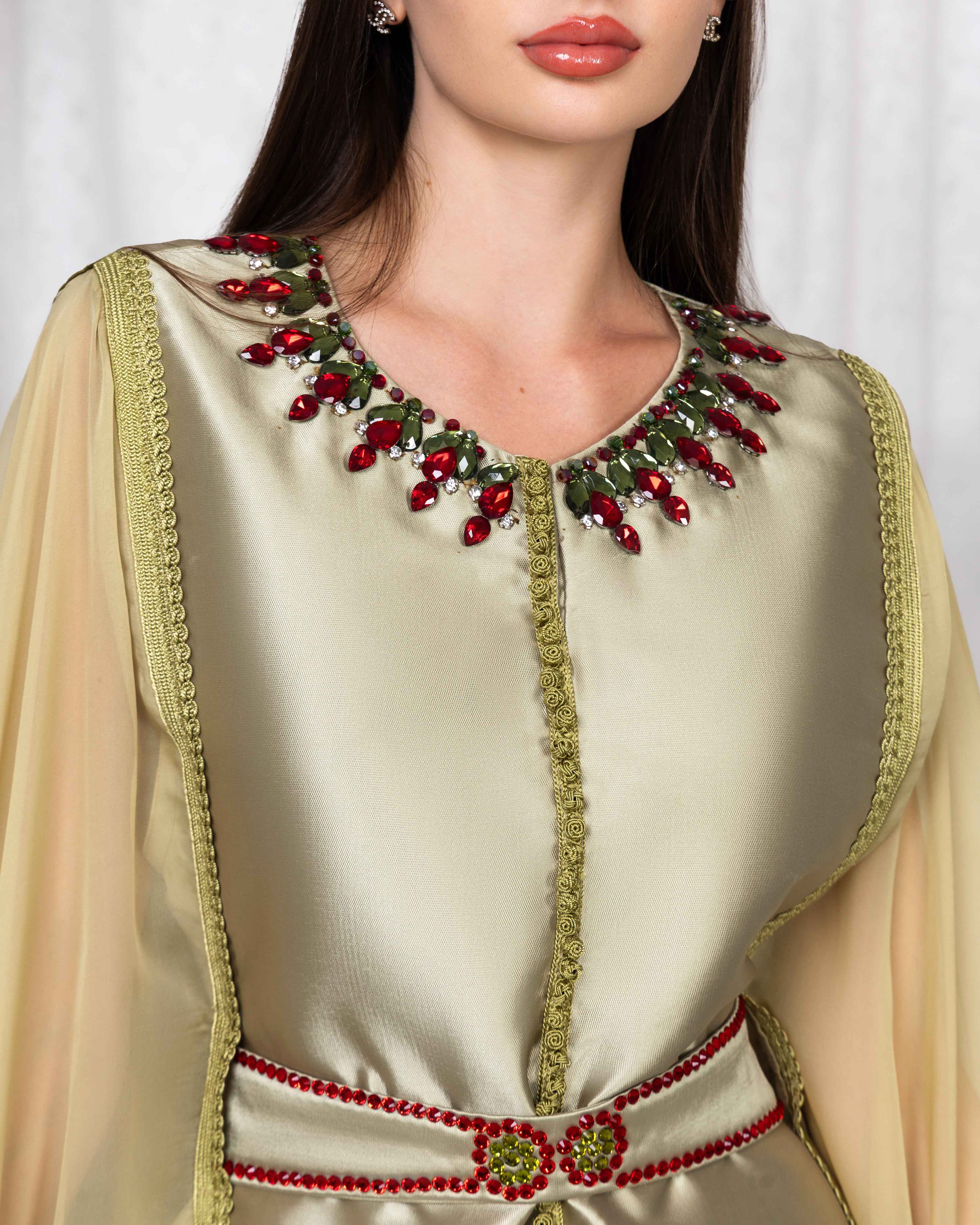 Nivin-KTN064 - Sage Gold Embellished Cape Caftan