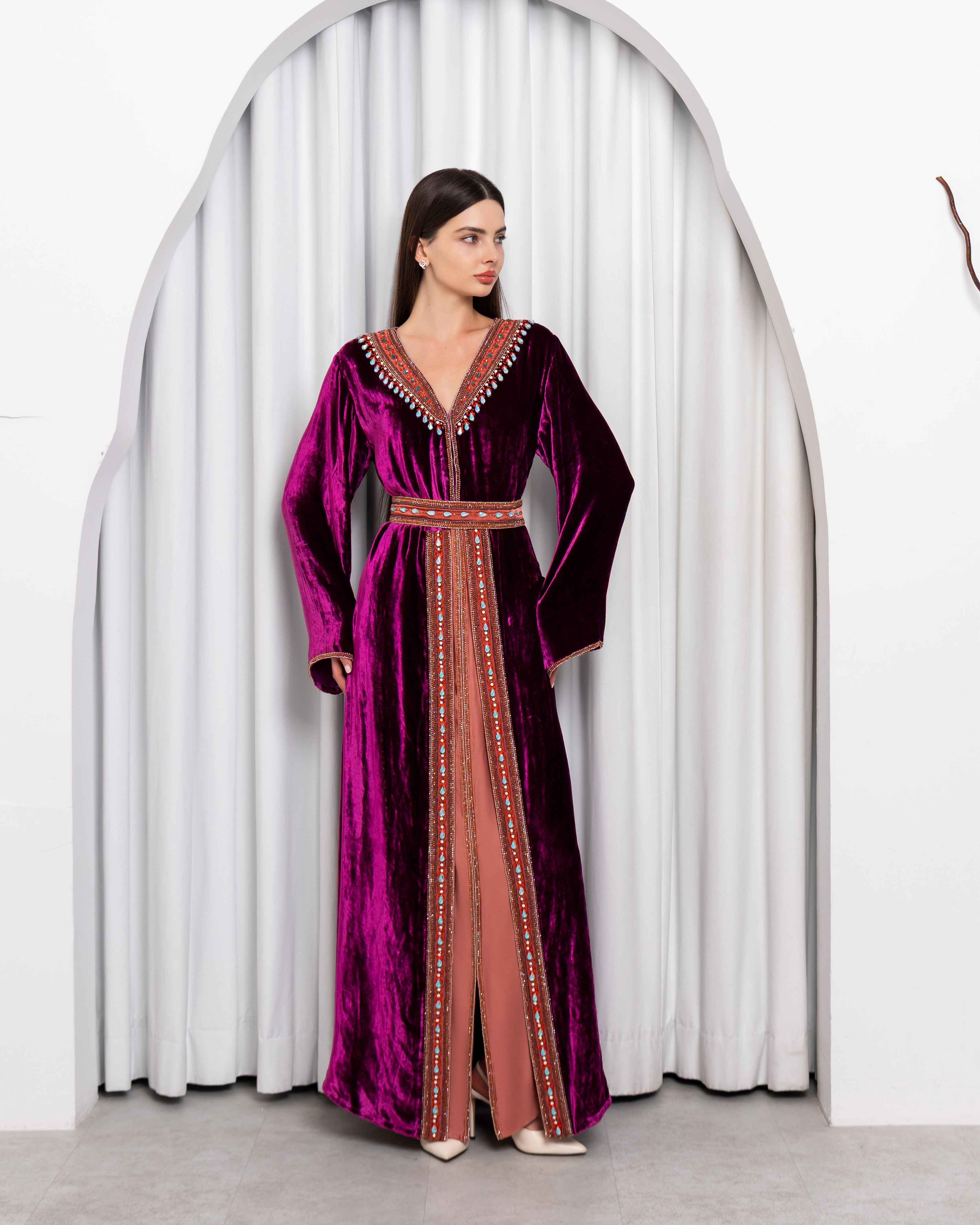 Qamar-KTN082 - Plum Velvet Embellished Caftan