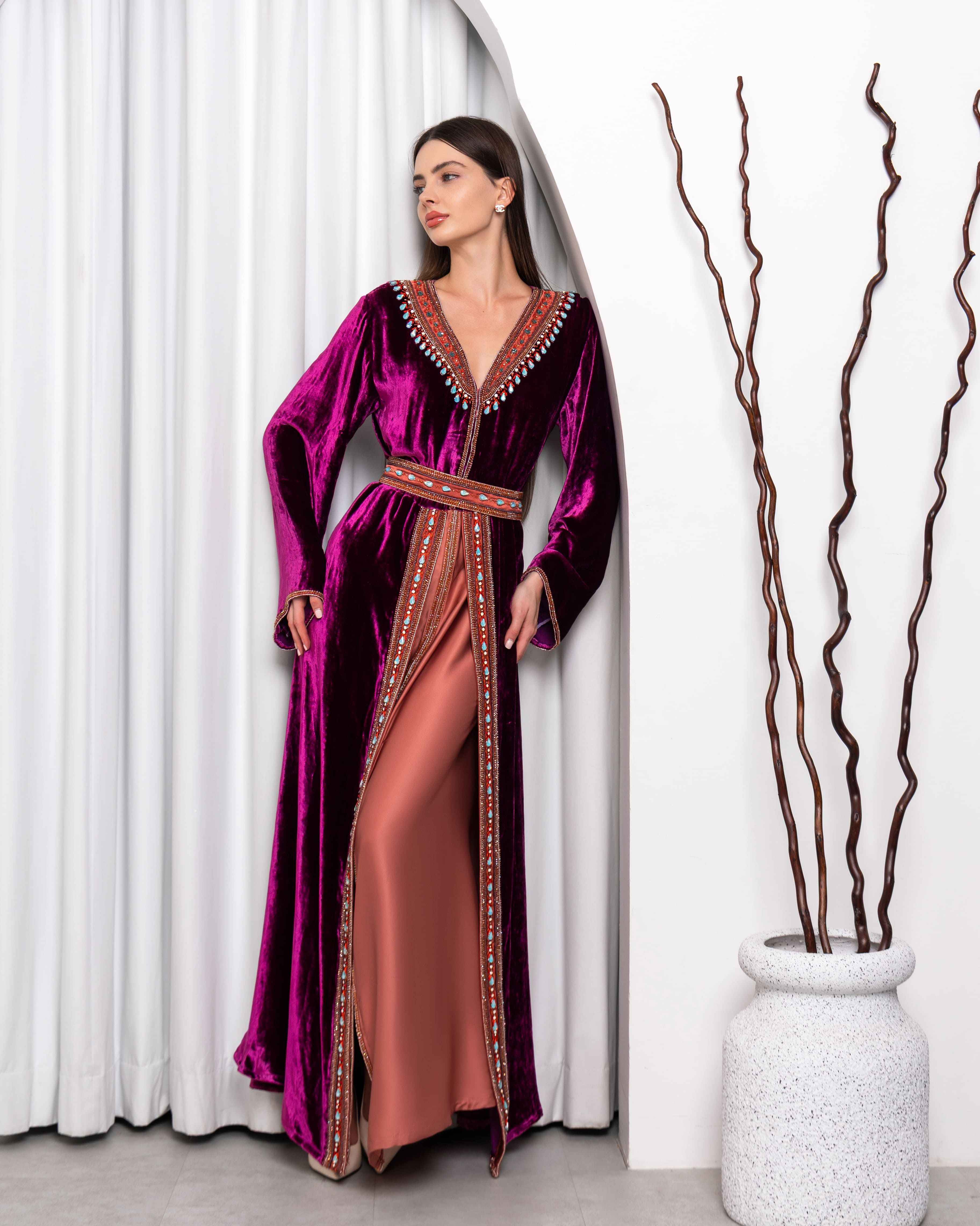 Qamar-KTN082 - Plum Velvet Embellished Caftan