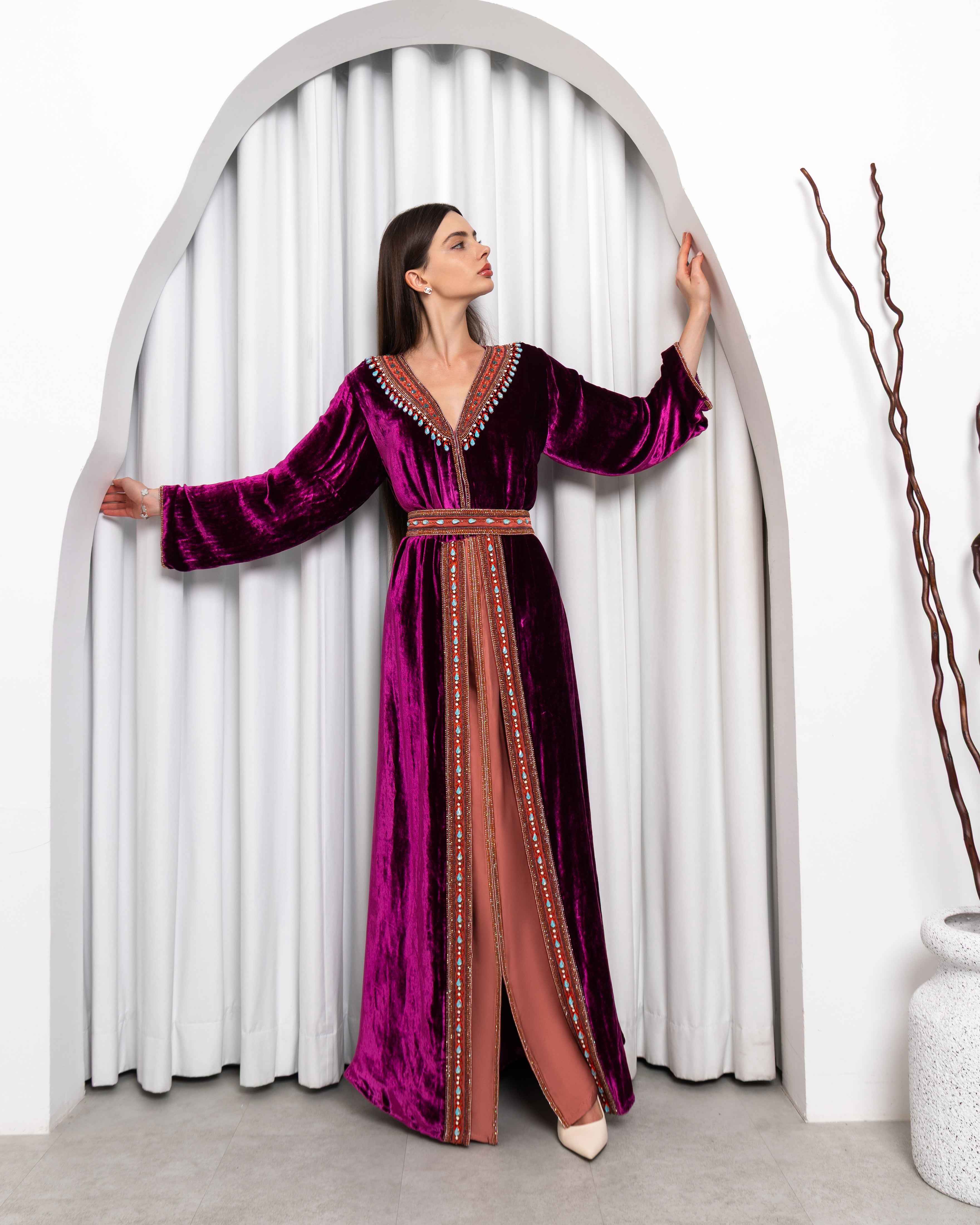 Qamar-KTN082 - Plum Velvet Embellished Caftan