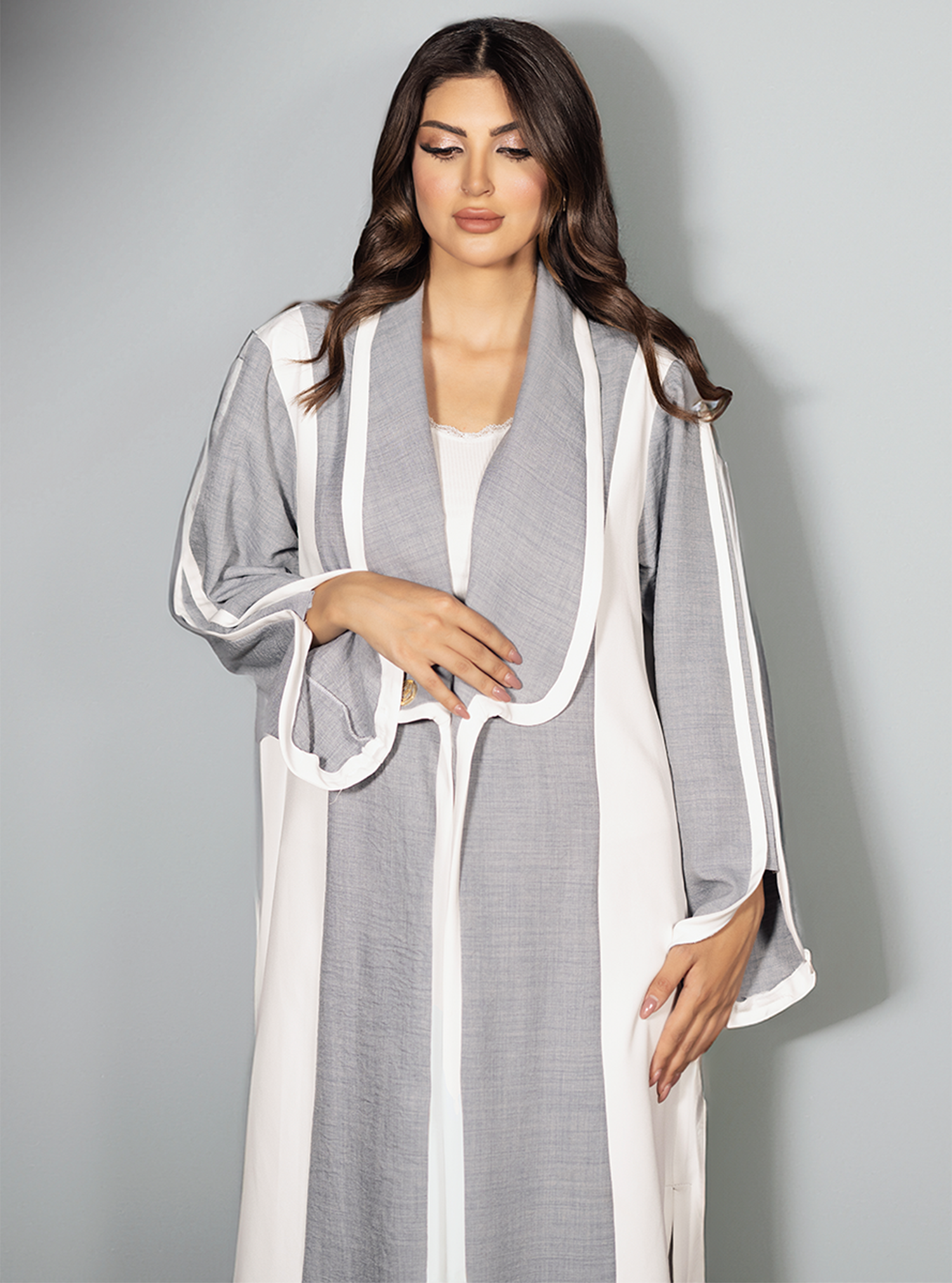Grey-ABY0013 – Versatile Linen Abaya with Modern Chelsea Collar Design - BAZZAZ COUTURE GARMENTS L.L.C