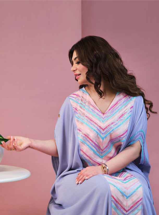 Purple-KTN016 - Soft Candy-Colored Jalabiya with Flowing Drapes & Feminine Detailing