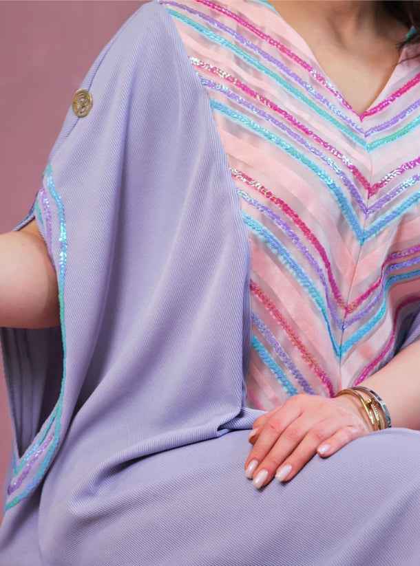 Purple-KTN016 - Soft Candy-Colored Jalabiya with Flowing Drapes & Feminine Detailing