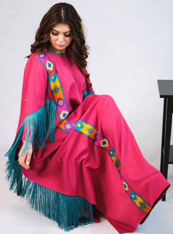 Mag-KTN010 - Bold Magenta Jalabiya with Turquoise Fringe & Artistic Details