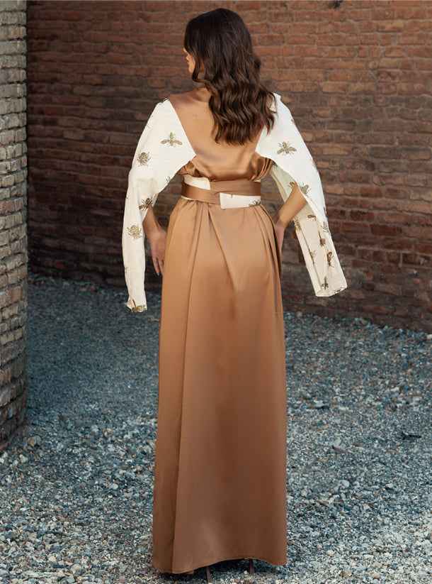 Bronze-KTN018 – Golden Silk Kaftan with Handcrafted Cape Sleeves & Elegant Belt