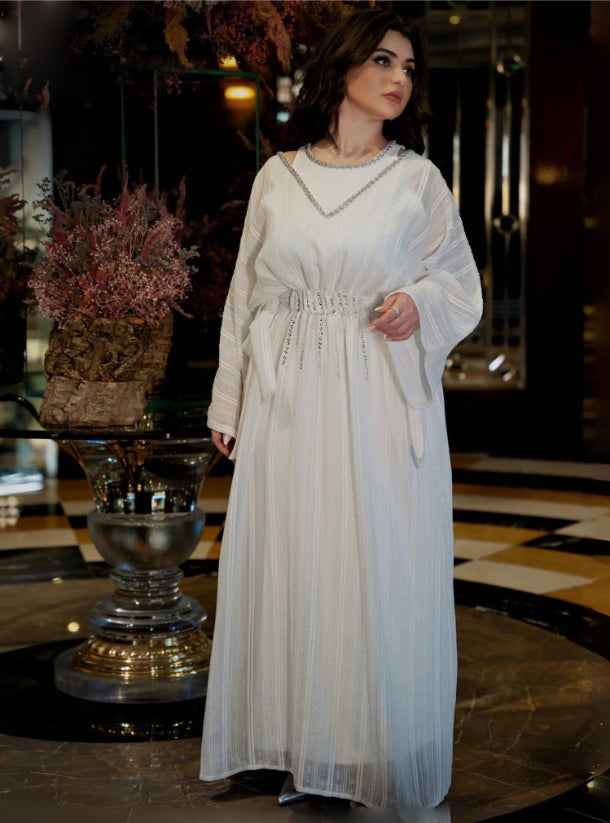 Blank-KTN017 - Elegant Off-Shoulder White Dress with Crystal Lace