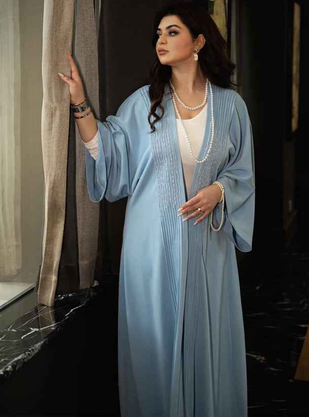 Ocean-ABY009 – Elegant Ocean-Blue Abaya with Pearl & Handcrafted Stitch Detailing