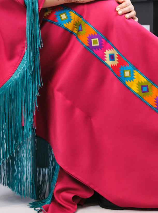 Mag-KTN010 - Bold Magenta Jalabiya with Turquoise Fringe & Artistic Details