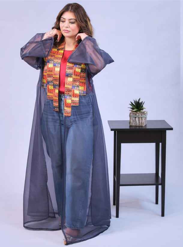 Navy-ABY015 - Glossy Navy Bisht with Fiery Couture