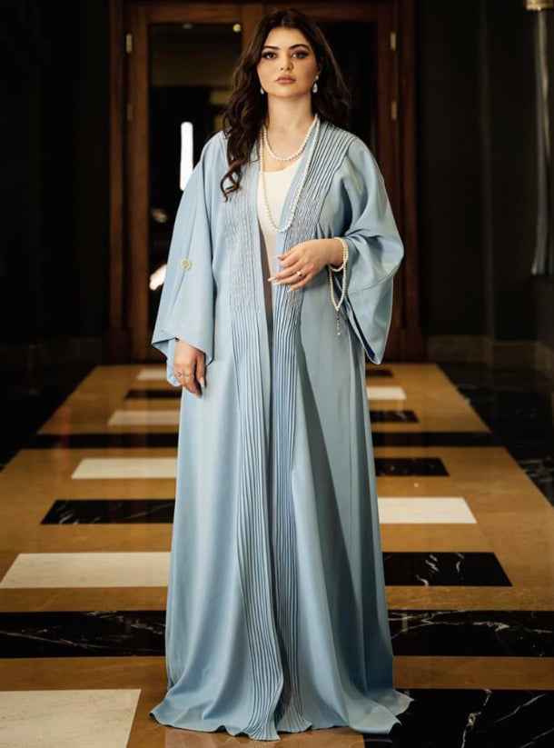 Ocean-ABY009 – Elegant Ocean-Blue Abaya with Pearl & Handcrafted Stitch Detailing