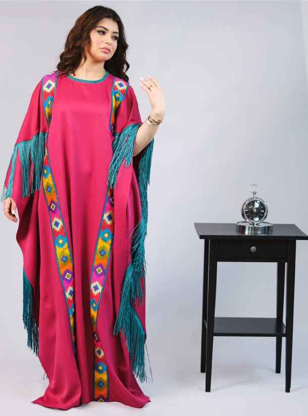 Mag-KTN010 - Bold Magenta Jalabiya with Turquoise Fringe & Artistic Details