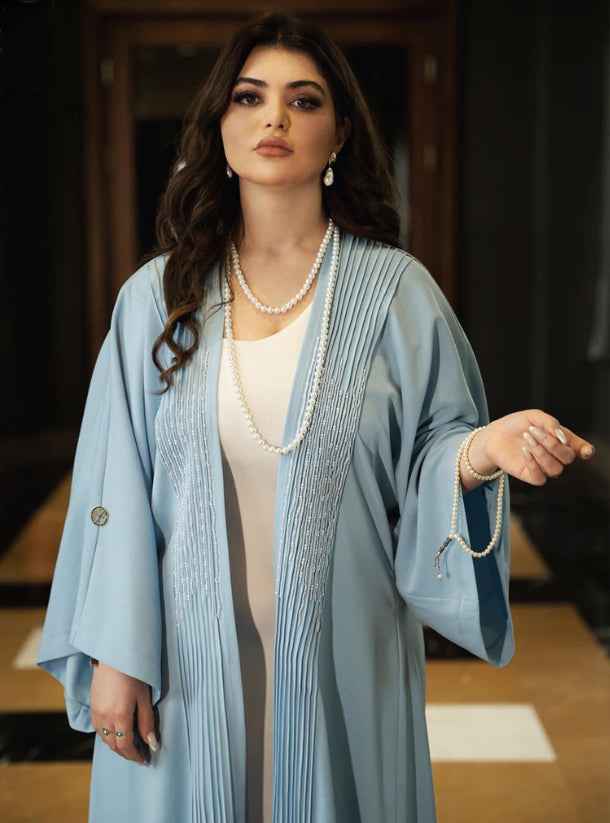 Ocean-ABY009 – Elegant Ocean-Blue Abaya with Pearl & Handcrafted Stitch Detailing
