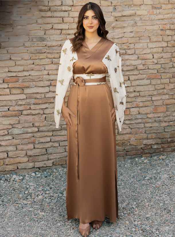 Bronze-KTN018 – Golden Silk Kaftan with Handcrafted Cape Sleeves & Elegant Belt