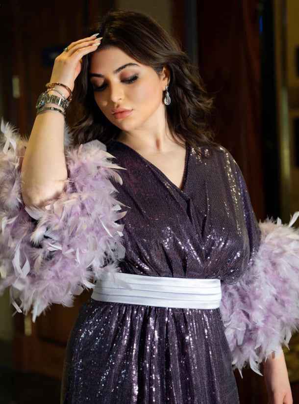 Midnight-DRS003 – Sparkling Purple Evening Dress with Feathered Magic