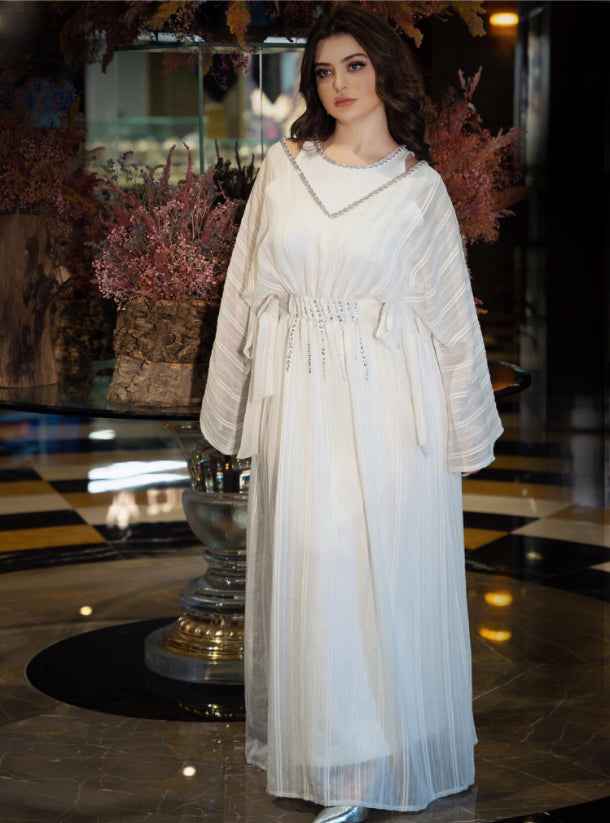 Blank-KTN017 - Elegant Off-Shoulder White Dress with Crystal Lace