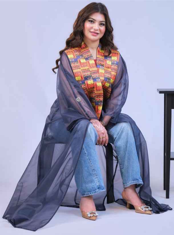 Navy-ABY015 - Glossy Navy Bisht with Fiery Couture