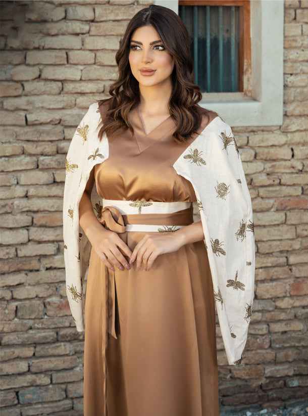 Bronze-KTN018 – Golden Silk Kaftan with Handcrafted Cape Sleeves & Elegant Belt