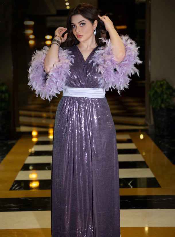 Midnight-DRS003 – Sparkling Purple Evening Dress with Feathered Magic