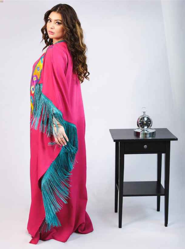 Mag-KTN010 - Bold Magenta Jalabiya with Turquoise Fringe & Artistic Details