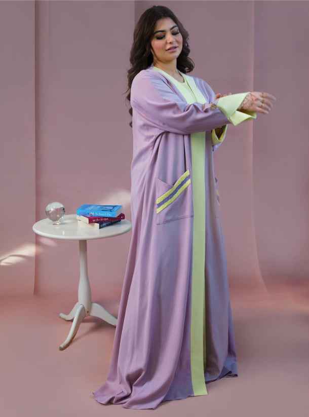 Lilac-ABY010 – Soft Crepe Abaya in Lemon & Lilac Accents