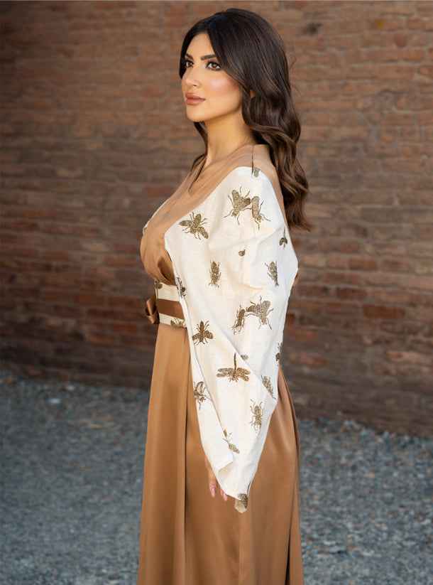 Bronze-KTN018 – Golden Silk Kaftan with Handcrafted Cape Sleeves & Elegant Belt