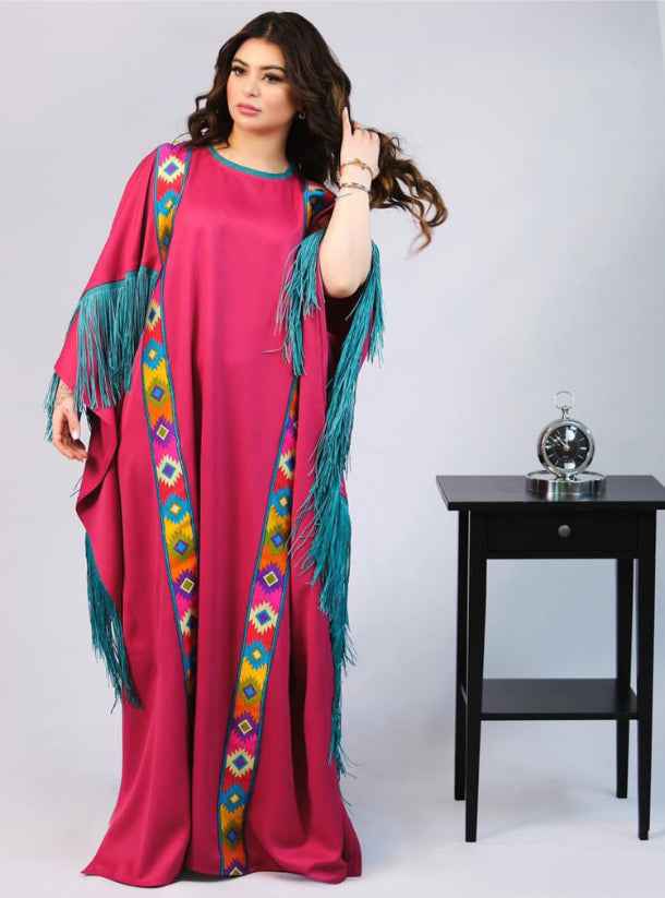 Mag-KTN010 - Bold Magenta Jalabiya with Turquoise Fringe & Artistic Details