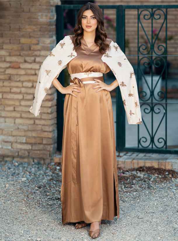 Bronze-KTN018 – Golden Silk Kaftan with Handcrafted Cape Sleeves & Elegant Belt