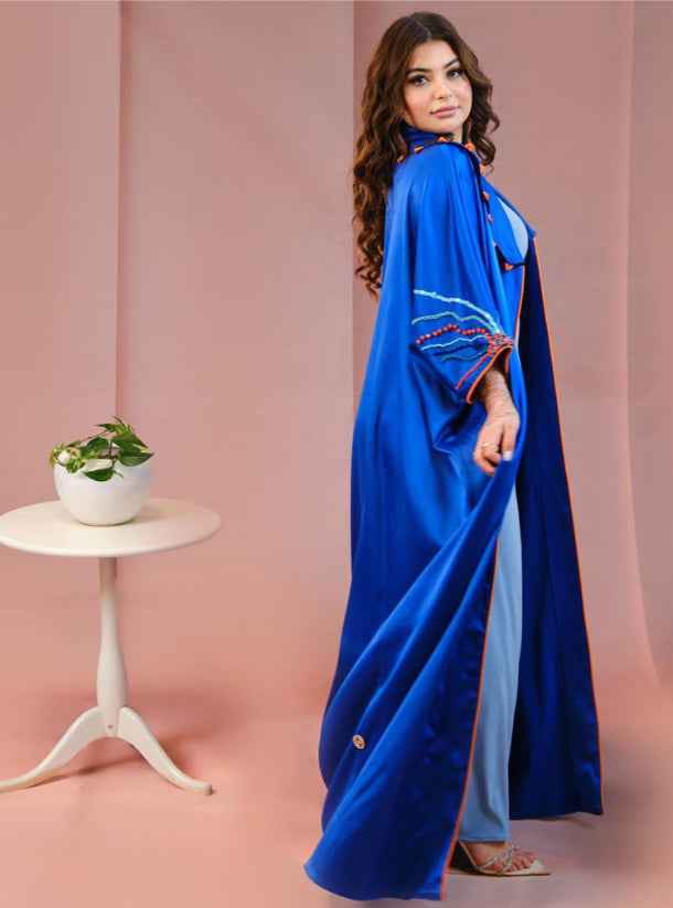 Cobalt-ABY016 – Luxurious Cobalt Blue Abaya with Ivory & Stone Beadwork