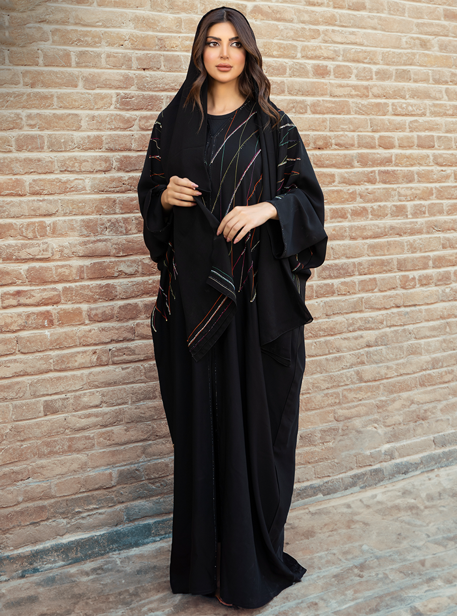 Spider-ABY019 – Black Abaya with Multicolor Embroidered Stripes & Matching Headscarf - BAZZAZ COUTURE GARMENTS L.L.C