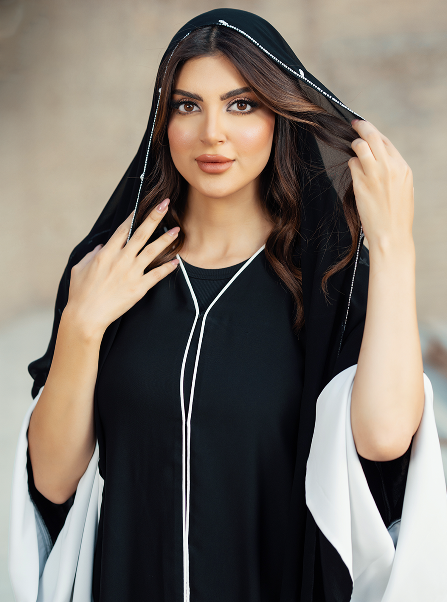Onyx-ABY018 – Elegant Black Abaya with White Piping & Embroidered Headscarf - BAZZAZ COUTURE GARMENTS L.L.C