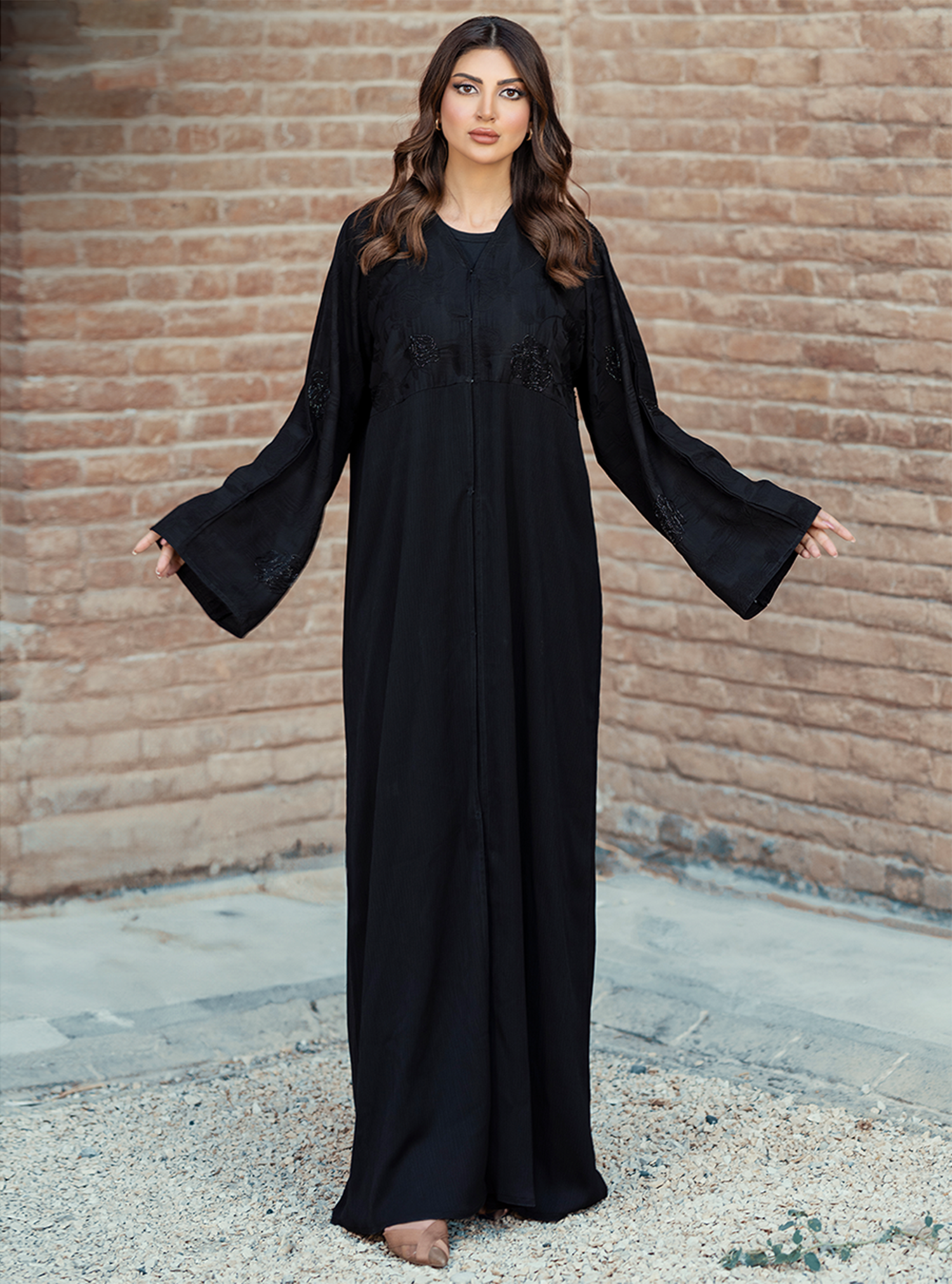 Coal-ABY017 – Classic Black Abaya with Intricate Embroidery & Subtle Sparkling Details - BAZZAZ COUTURE GARMENTS L.L.C