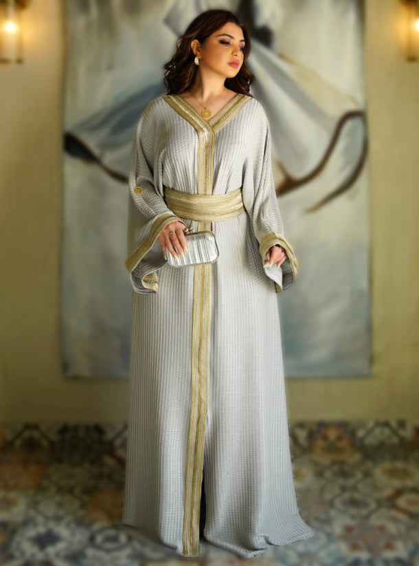Caftan - Silver-KTN019 Sleek Silver Spandex Kaftan with Gold Detail   BAZZAZ COUTURE