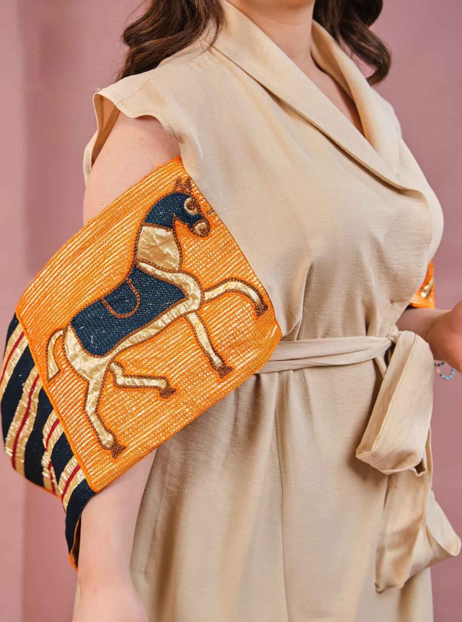 Khaki-KTN015 – Elegant Linen Dress with Artistic Handcrafted Sleeve Flair