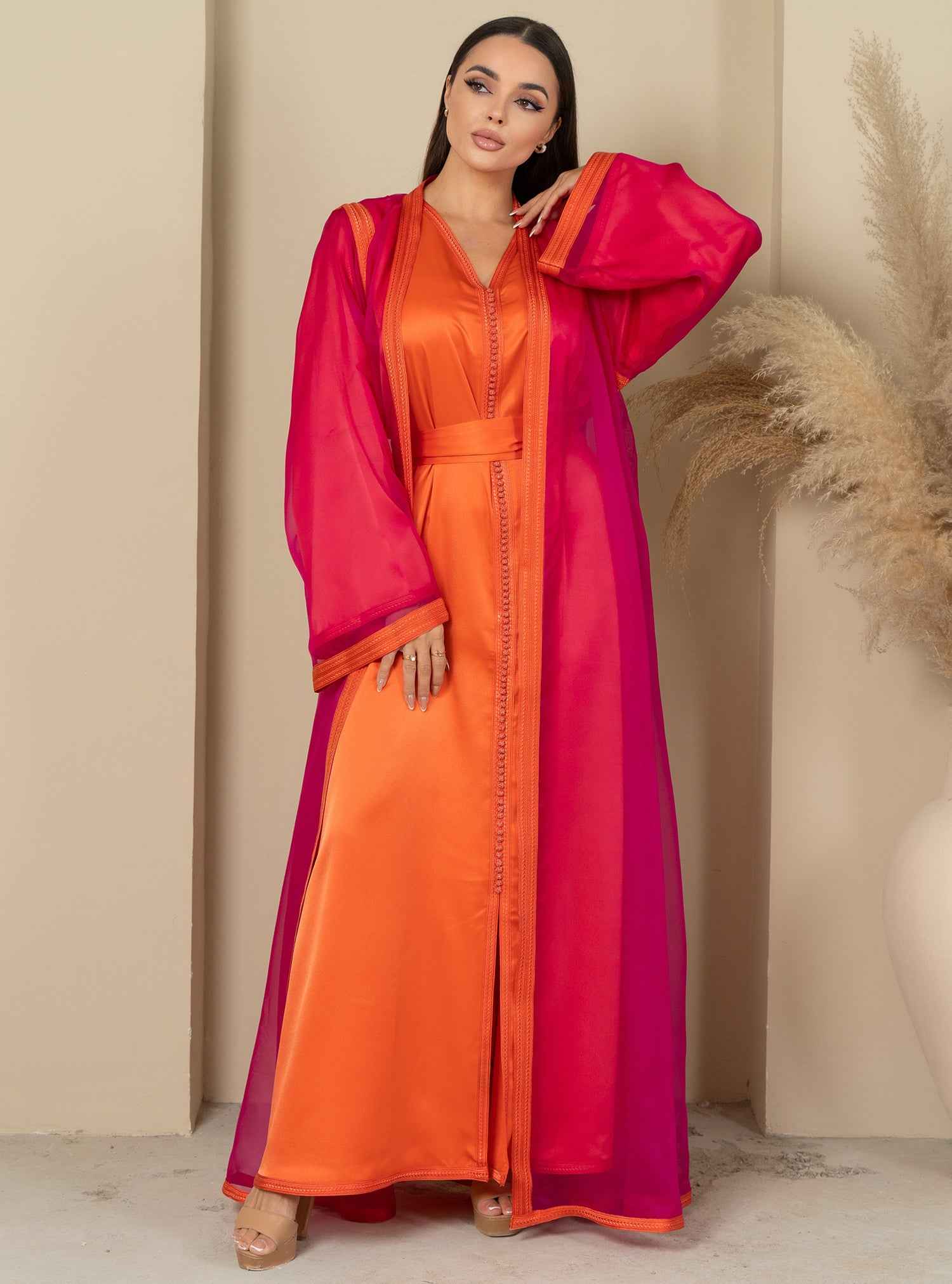 Flamat-KTN031 – Radiant Silk Moroccan Kaftan in Orange & Pink Fusion