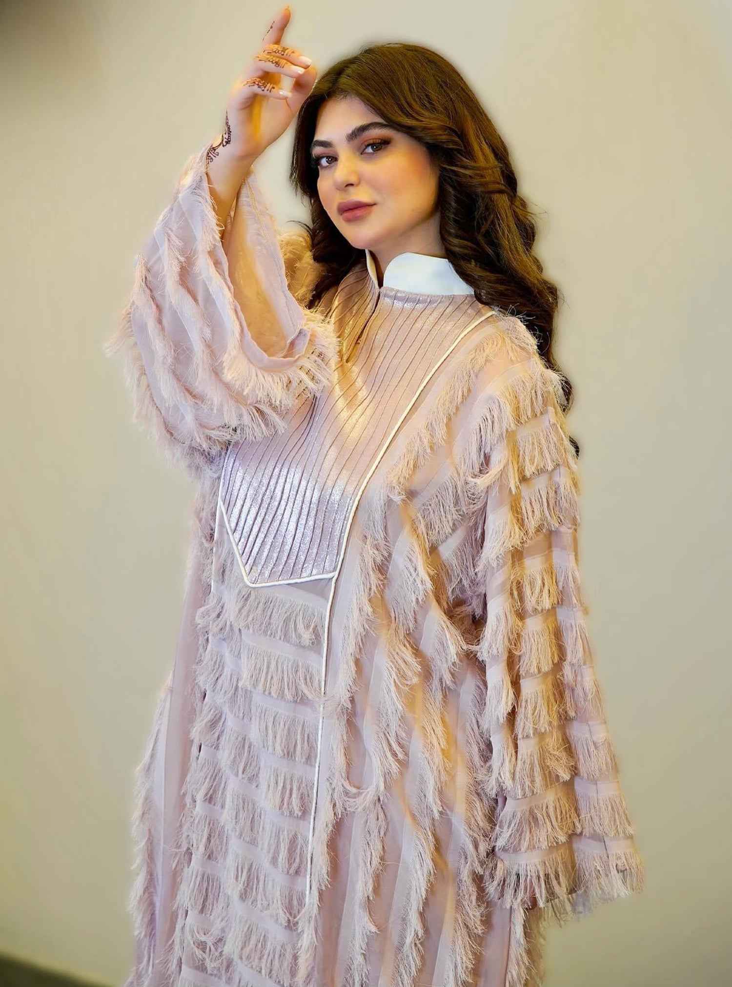 Blossom-KTN020 – Elegant Pink Jalabiya with Fringe Layers & Glossy Collar
