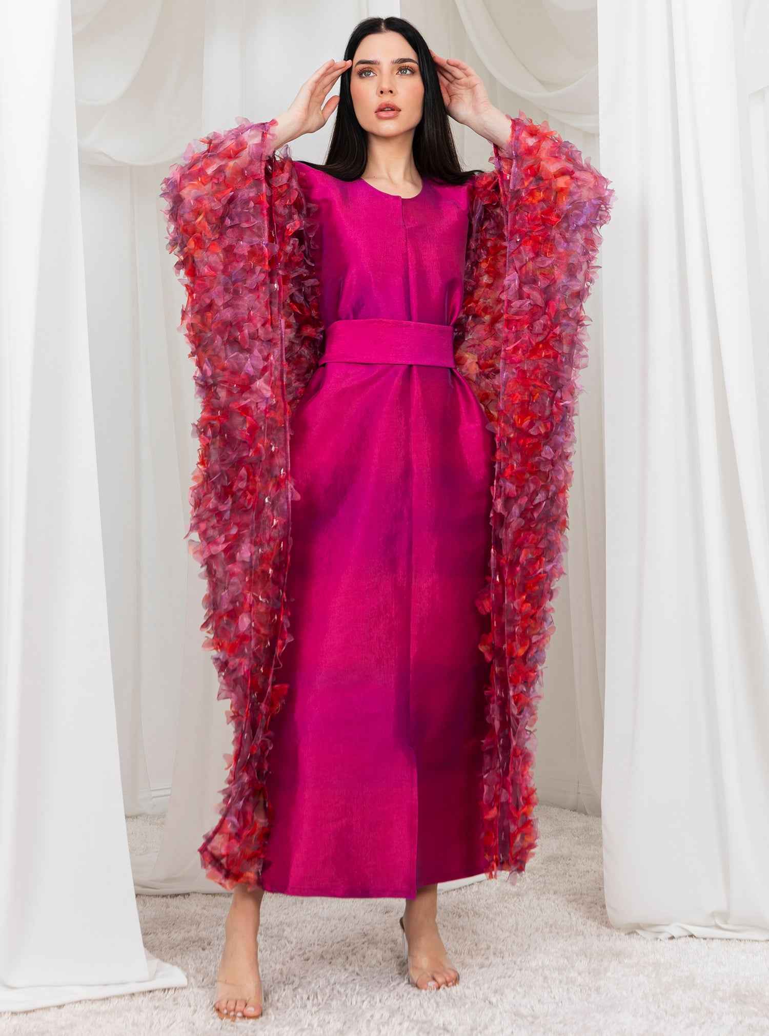 Magenta-KTN044 – Glossy Italian Silk Kaftan with Butterfly Floral Art & Statement Sleeves