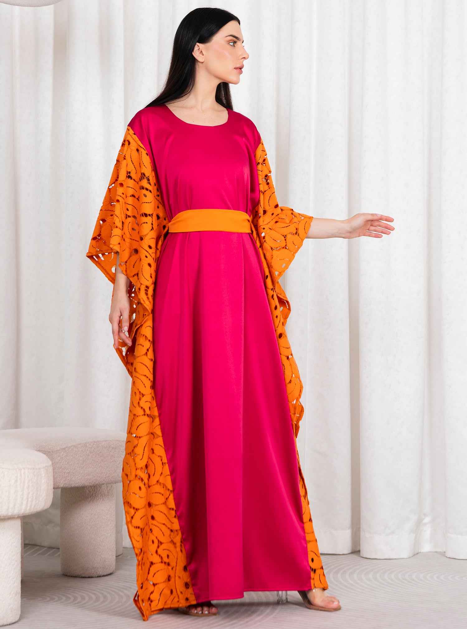 Mango-KTN034 – Vibrant Pink & Mango Silk Kaftan with Artistic Sleeves & Statement Belt